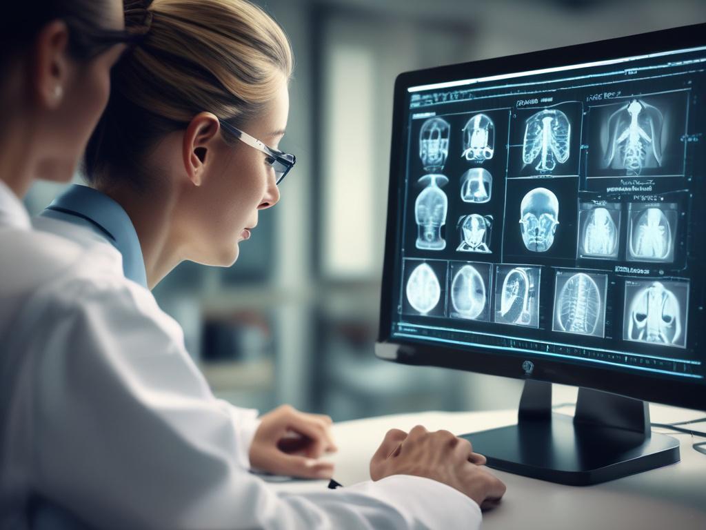 A realistic high-resolution photo of a healthcare professional analyzing medical images on a monitor. The focus is on the screen displaying images with overlays indicating areas of concern. The background is a clinical setting, emphasizing the seriousness and impact of the project.