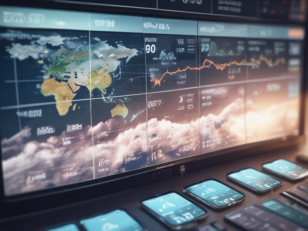 A realistic high-resolution photo of a weather forecasting interface displayed on a computer screen. The screen shows data visualizations, maps, and weather icons. The background is a modern workspace with a focus on technology, showcasing the advanced nature of the project.