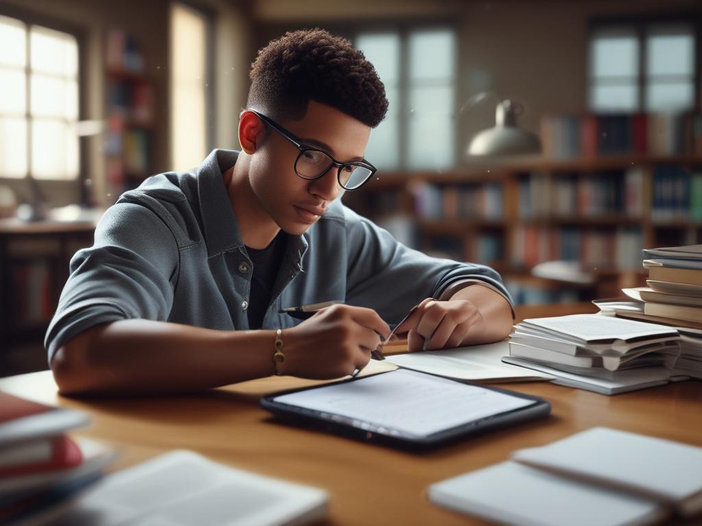 A realistic high-resolution photo of a student using a tablet with an AI learning application interface displayed. The student appears engaged and focused, sitting at a desk with books and study materials around. The background is softly blurred to keep the focus on the student and the tablet, emphasizing the learning process.